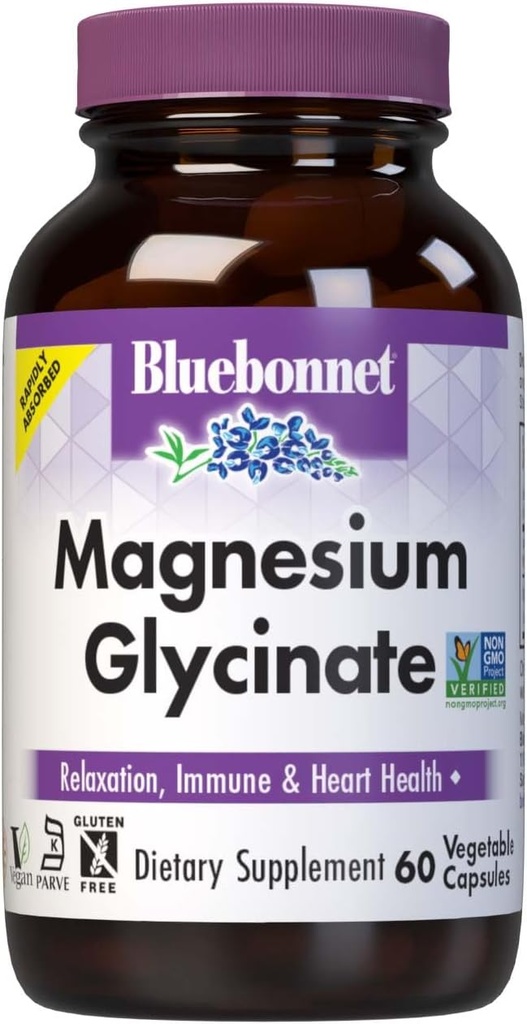 Bluebonnet Magnésium Glycinate, Production d'énergie*, Fonction enzymatique*, Non-OGM certifié par NSF, Vegan, Kosher certifié, sans gluten, sans soja, sans lait, 60 capsules végétales, 15 portions