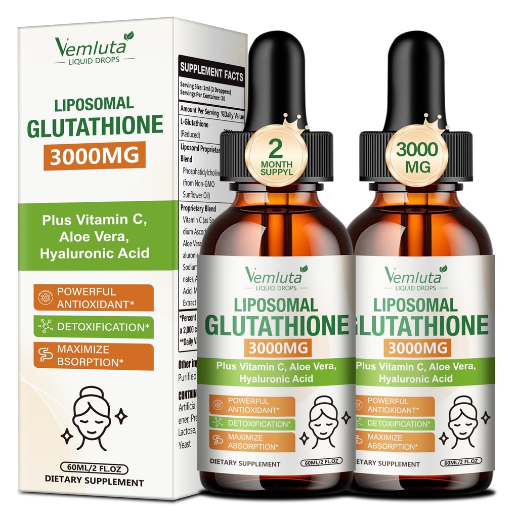 2 Pack 3000mg Liposomal Glutathione Liquid Drops, 98% Absorption Liposomal Glutathione with Vitamin C for Women, Glutathione Liposomal Supplement, Powerful Antioxidant Complex for Immune System, Liver