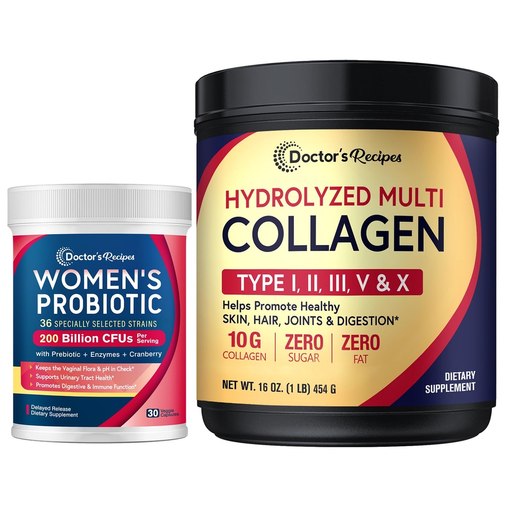 Doctor's Recipes Multi Collagen Peptides Powder 16oz and Probiotics for Women 30 Caps
