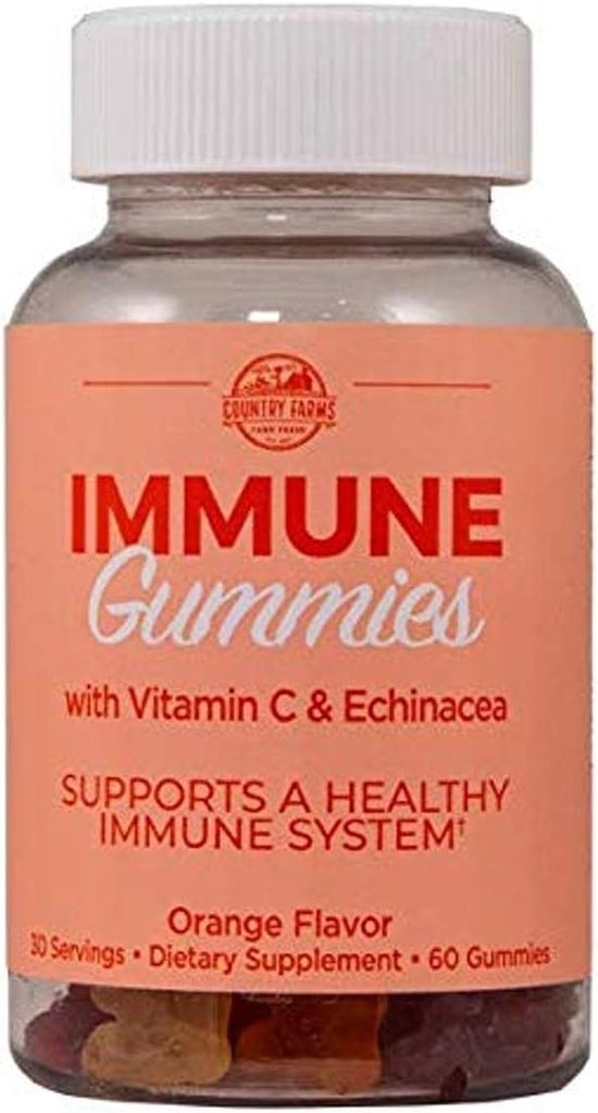 Fermes de campagne Immune Gommies avec Vitamine C & Echinacea, soutient le système immunitaire sain, riche en antioxydants, délicieuse saveur orange, 60 comte, 30 portions