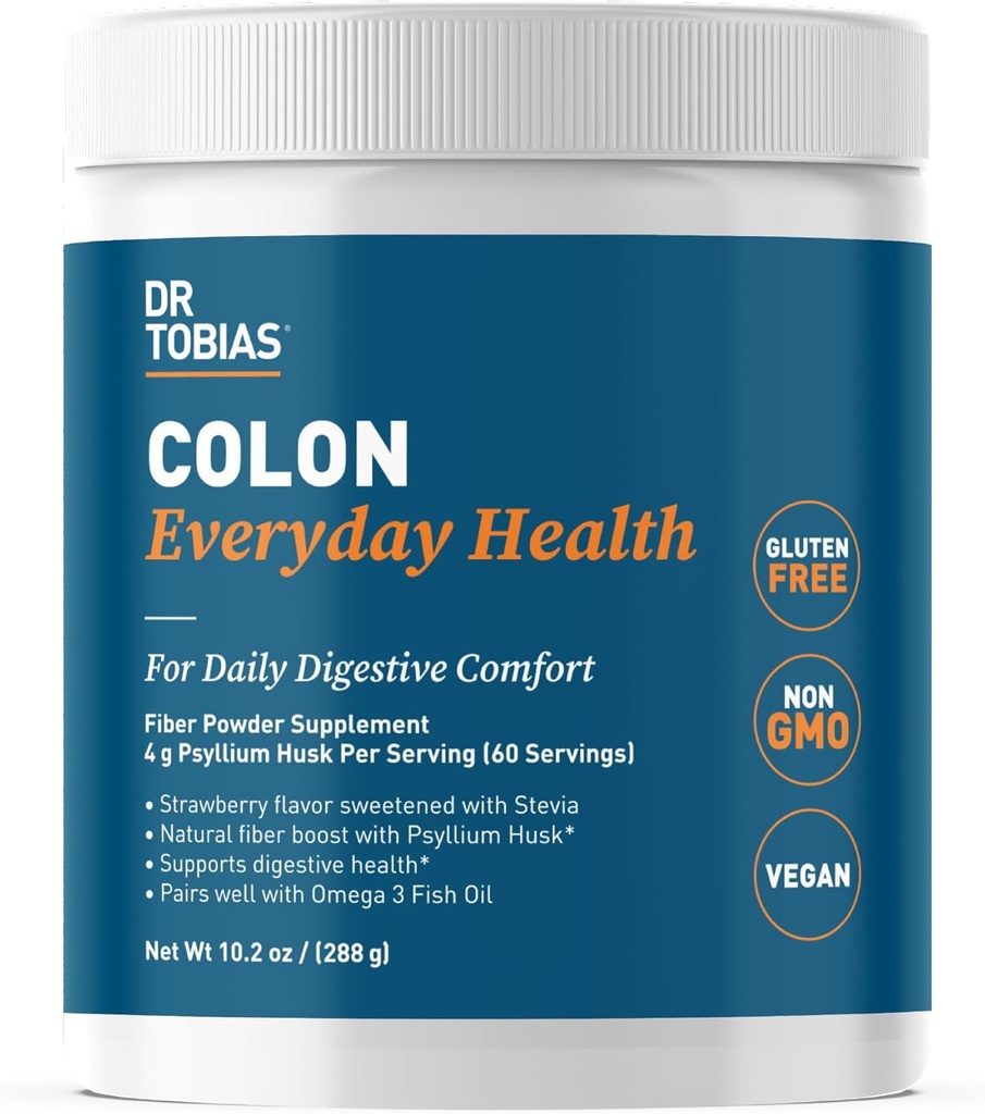 Dr Tobias Colon Everyday Health - Gut Health for Women & Men - Psyllium Fibre en poudre avec 4g Psyllium Husk Poudre par portion, végétalien, sans gluten, sans OGM, saveur de fraise, 60 portions