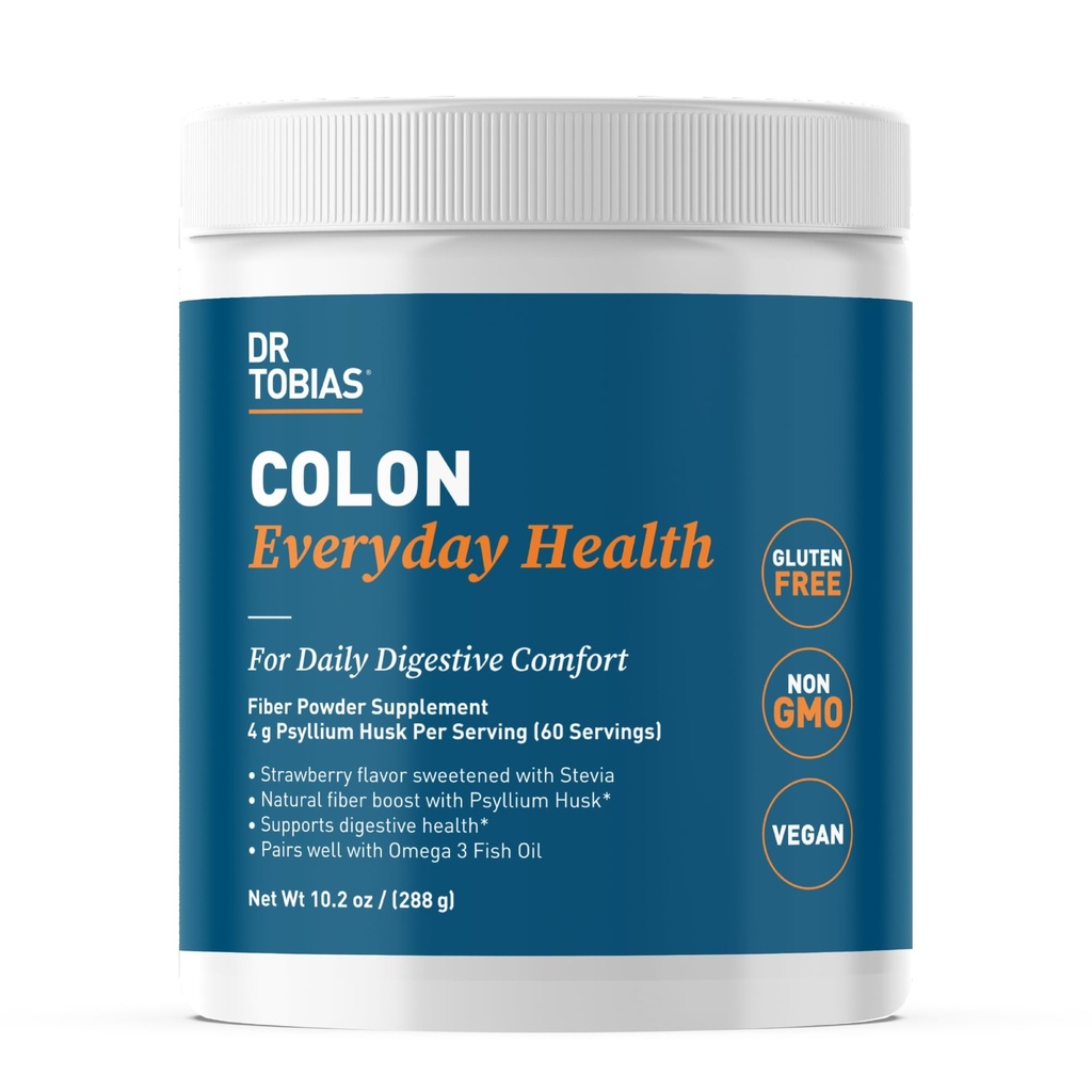 Dr. Tobias Colon Everyday Health - Gut Health for Women & Men - Psyllium Fiber Powder Drink with 4g Psyllium Husk Powder per Serving, Vegan, Gluten Free, Non-GMO, Strawberry Flavor, 60 Servings