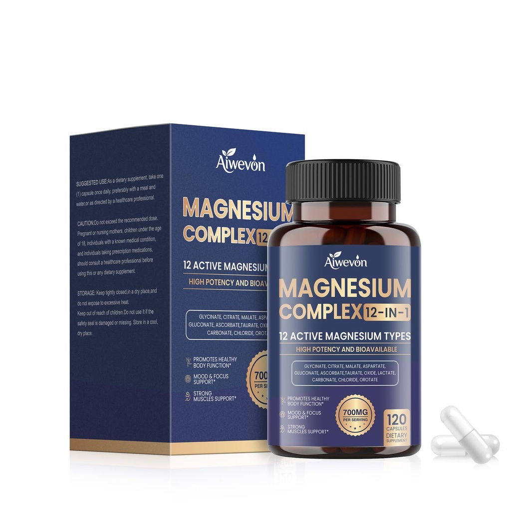 Magnesium Complex 700mg, 12 in 1 Magnesium Supplement with Glycinate, Citrate, Malate, Oxide, Taurate & Orotate, High Absorption Magnesium for Sleep, Muscle, Nerve & Heart Support, Vegan, 120 Capsules