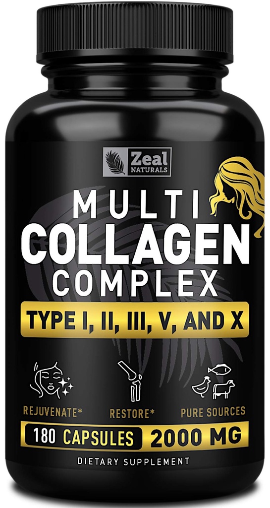 Pilules de collagène multicollagène (types I,II,III,V,X) Pilules de collagène à herbes (180 capsules) - Mélange de protéines de collagène hydrolysat pour cheveux, peau, ongles et soutien articulaire - Pilules de collagène pour femmes