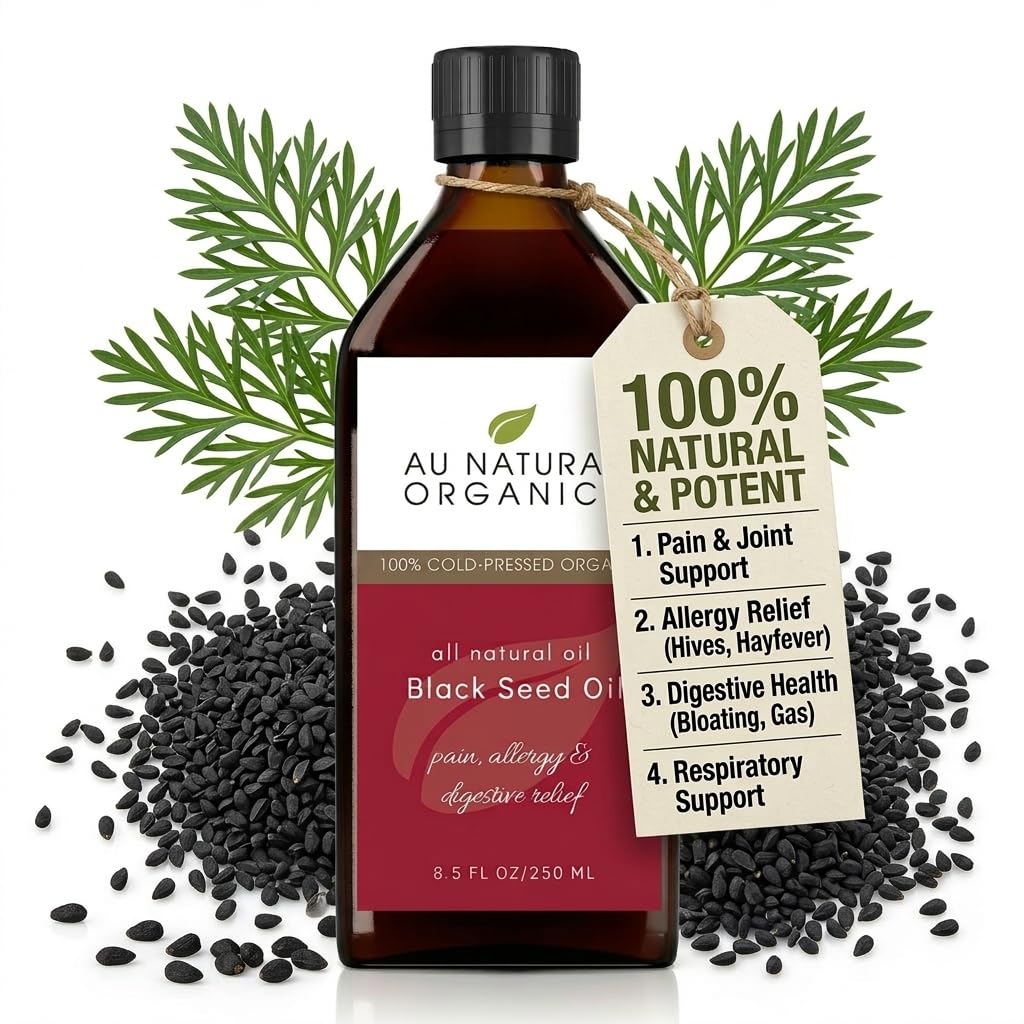 Au Natural Organics Black Seed Oil - USDA Certified Organic Black Seed Oil (Nigella Sativa) Cold Pressed for Supplements, Hair Growth, Strengthen Immunity, Digestive Health & Brain Support - 250ml