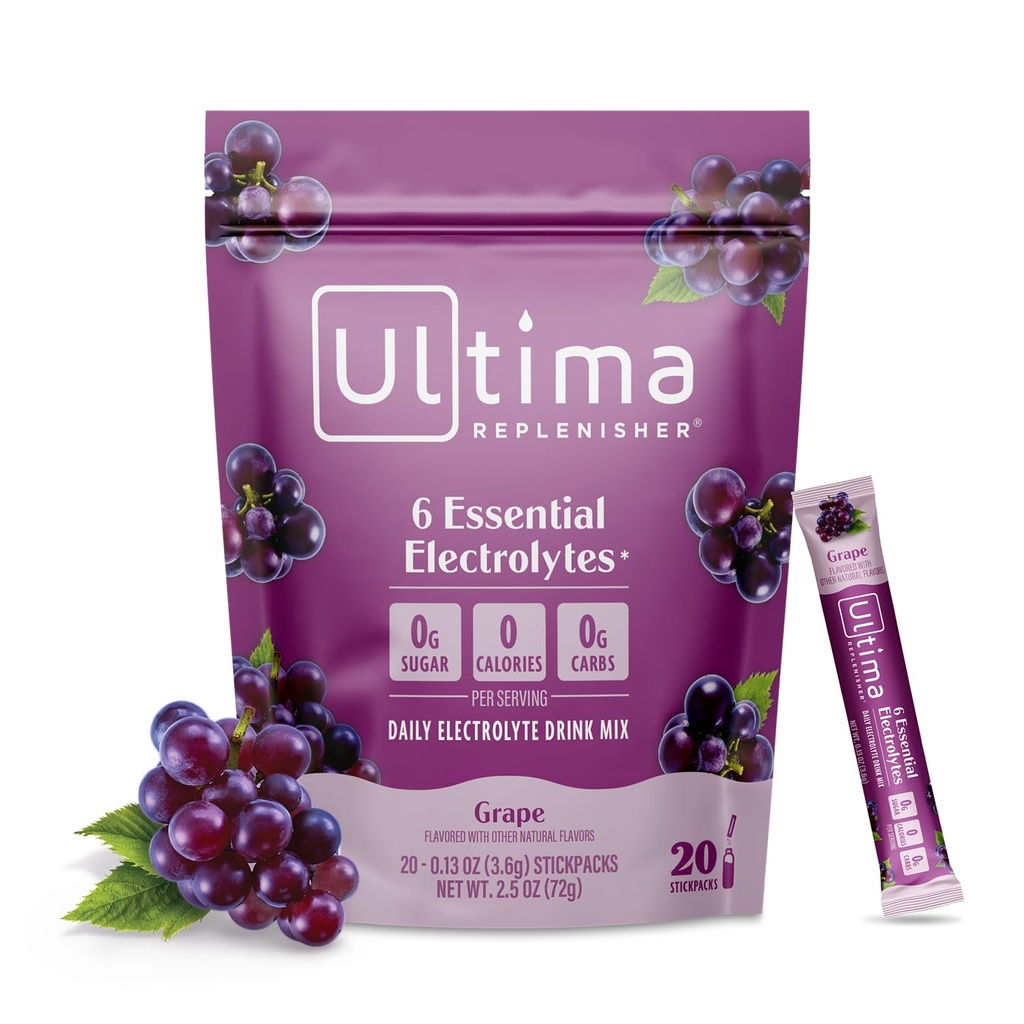 Ultima Replenisher Daily Electrolyte Powder – Grape, 20 Stickpacks – Zero Sugar Hydration Packets with 6 Electrolytes and Minerals – Sugar Free, Plant Based & Keto Friendly Drink Mix
