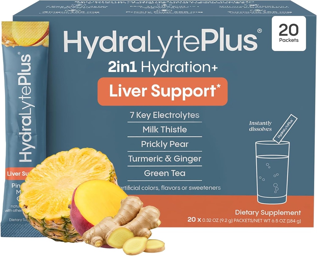 Hydralyte Liver Support + Electrolyte Mix with Milk Thistle, Turmeric, Ginger, Prickly Pear, Green Tea Extract Formulated for Rapid Rehydration (Pineapple Mango Ginger, 20 Packets)
