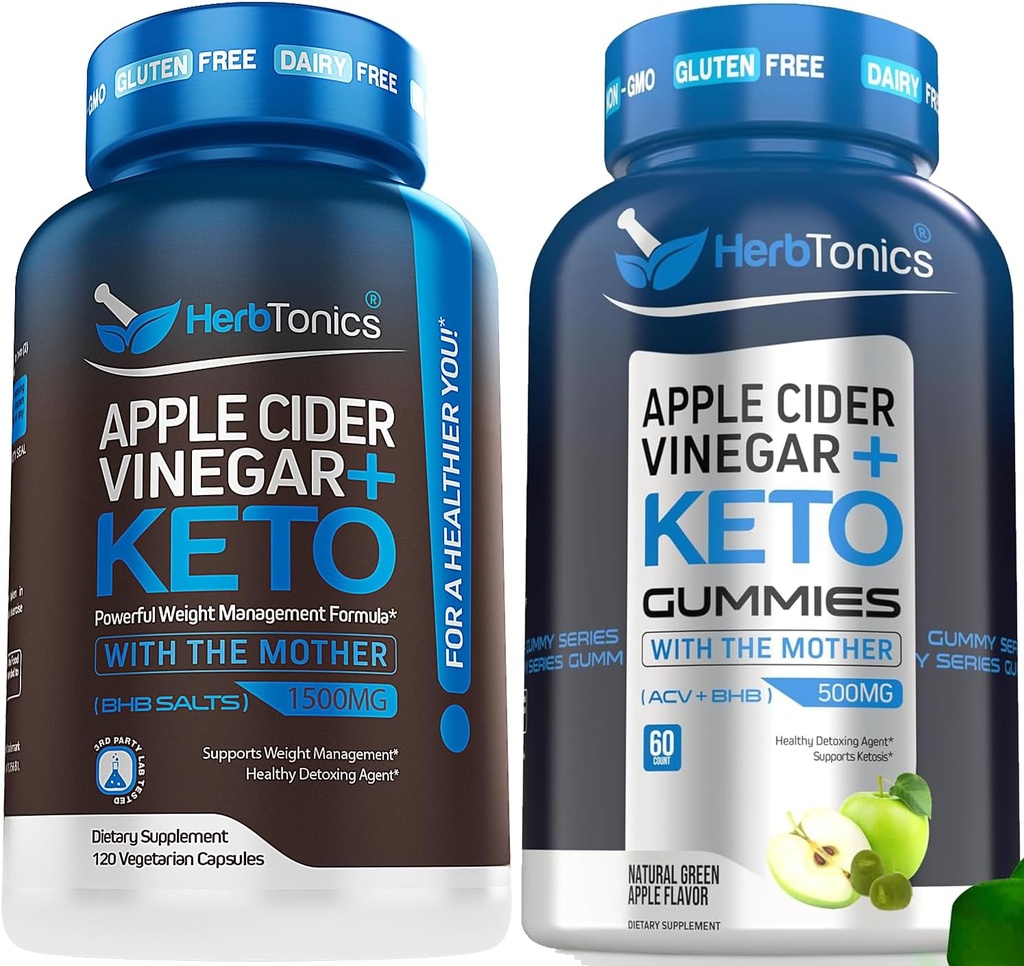 Herbtonics Capsules de vinaigre de cidre de pomme avec Keto BHB - soutient la digestion, la désintoxication et le métabolisme pour les femmes et les hommes, sans sucre, formule de Keto.