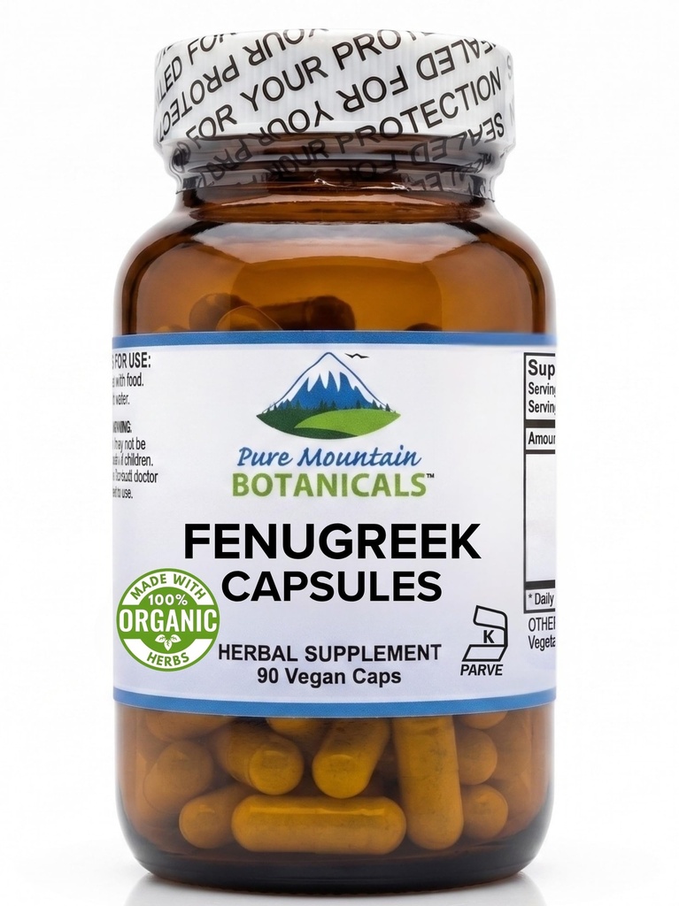 Pure Mountain Botanicals Fenugreek Capsules 575mg Organic - 90 Vegan Kosher Caps - Fenugreek Seed Supplement for Women and Men - Non-GMO Gluten Free - Fenogreco