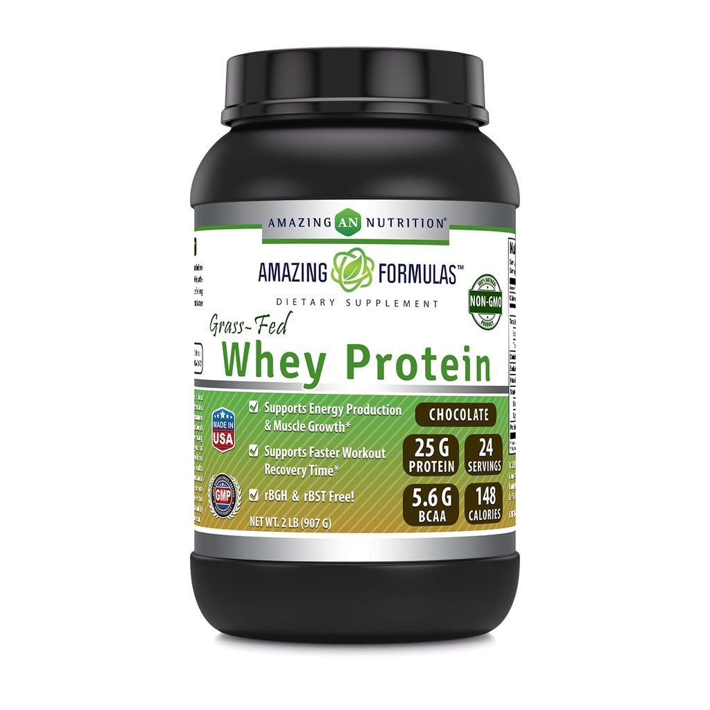 Amazing Formulas Grass-Fed Whey Protein Powder | 25 Grams Protein Supplement | Natural Sweetener and Flavor | Contains BCAA & EAA | Non-GMO | Made in USA (2 Lb, Chocolate)
