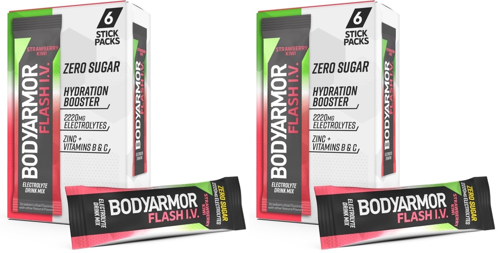 BODYARMOR Flash IV Electrolyte Packets, Strawberry Kiwi - Zero Sugar Drink Mix, Coconut Water Powder (6 Count) (Pack of 2)