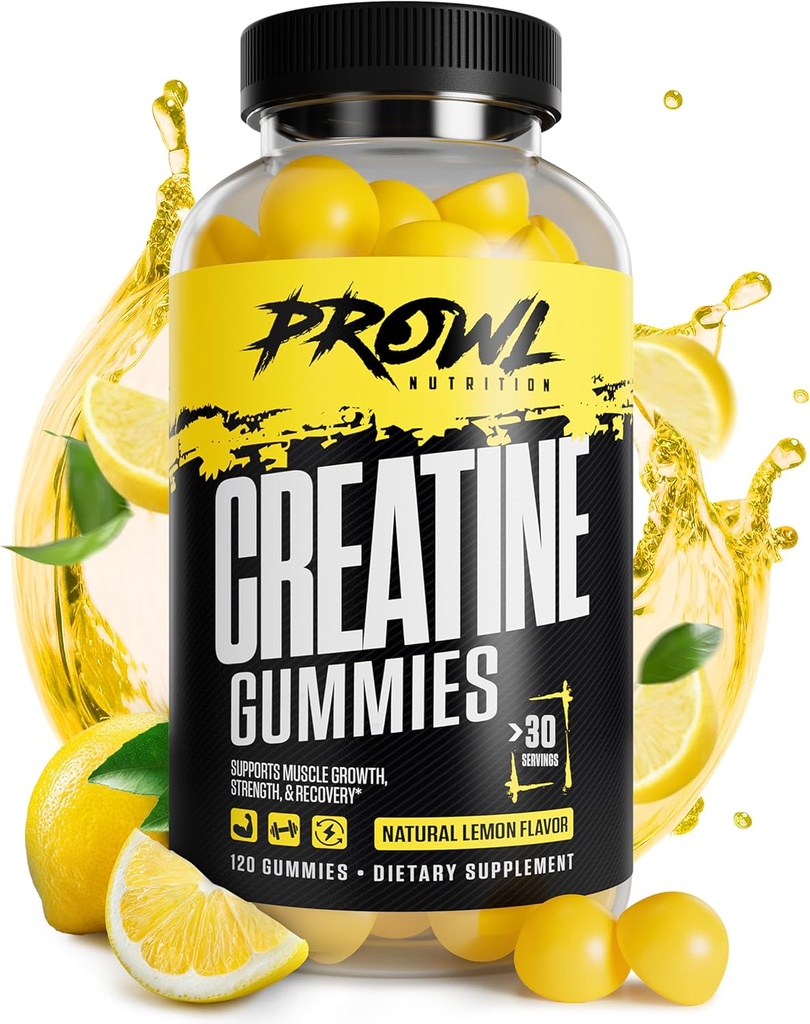 Gommies monohydratées de créatine - Gommies de créatine pour hommes et femmes - Croissance musculaire, force et rétablissement - Vegan, non-OGM, et sans gluten - Saveur naturelle de citron - (30 portions, 120 comtes)