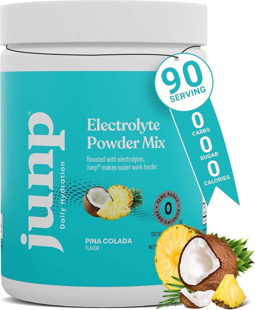 JUNP Electrolytes Poudre Pas de sucre Sans glucides – Pina Colada Ananas de coco Keto Electrolyte Mélange de boisson - Potassium et sel Poudre d'hydratation Electrolytes - Zéro Calorie Sans sucre Poudre d'électrolyte 90ct
