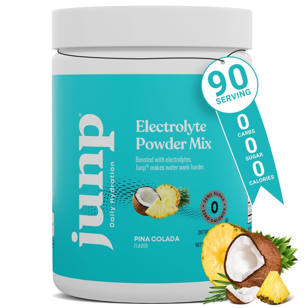 JUNP Electrolytes Poudre Pas de sucre Sans glucides – Pina Colada Ananas de coco Keto Electrolyte Mélange de boisson - Potassium et sel Poudre d'hydratation Electrolytes - Zéro Calorie Sans sucre Poudre d'électrolyte 90ct