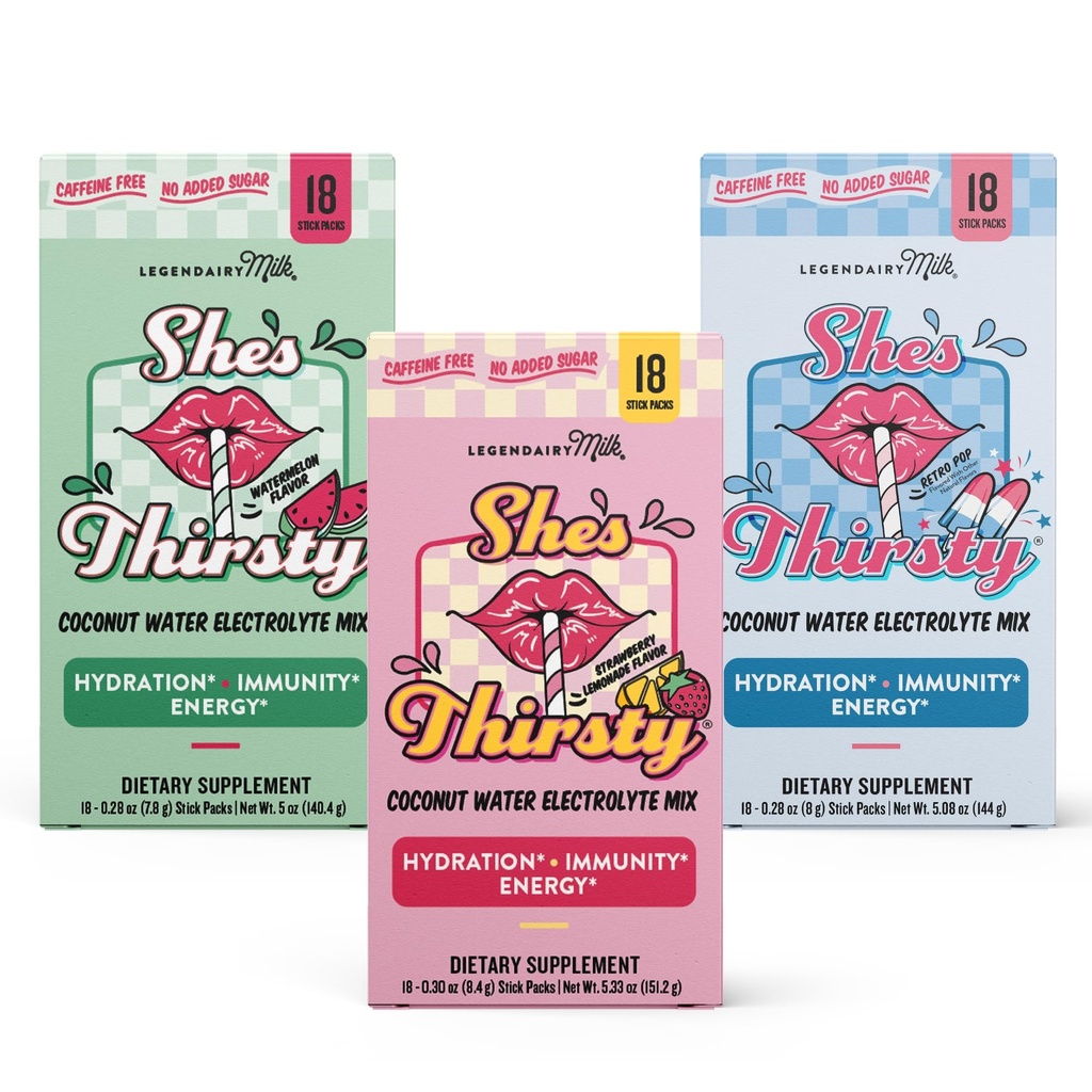 Legendairy Milk She’s Thirsty – Hydration Packets, Cortisol Supplement for Stress Relief & Adrenal Support, Strawberry Lemonade, Watermelon and Retro Pop - 54 Packets