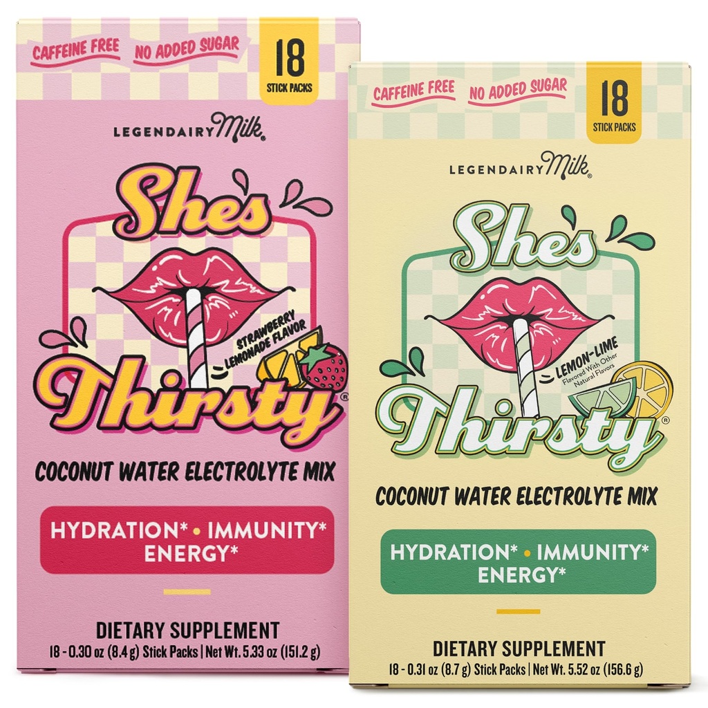 Legendairy Milk She’s Thirsty Strawberry Lemonade & Lemon Lime Duo Electrolyte Powder Packets, Coconut Water Hydration Mix for Women, No Sugar Added, Immune Support, Pregnancy Safe Drink Mix, 36 Ct