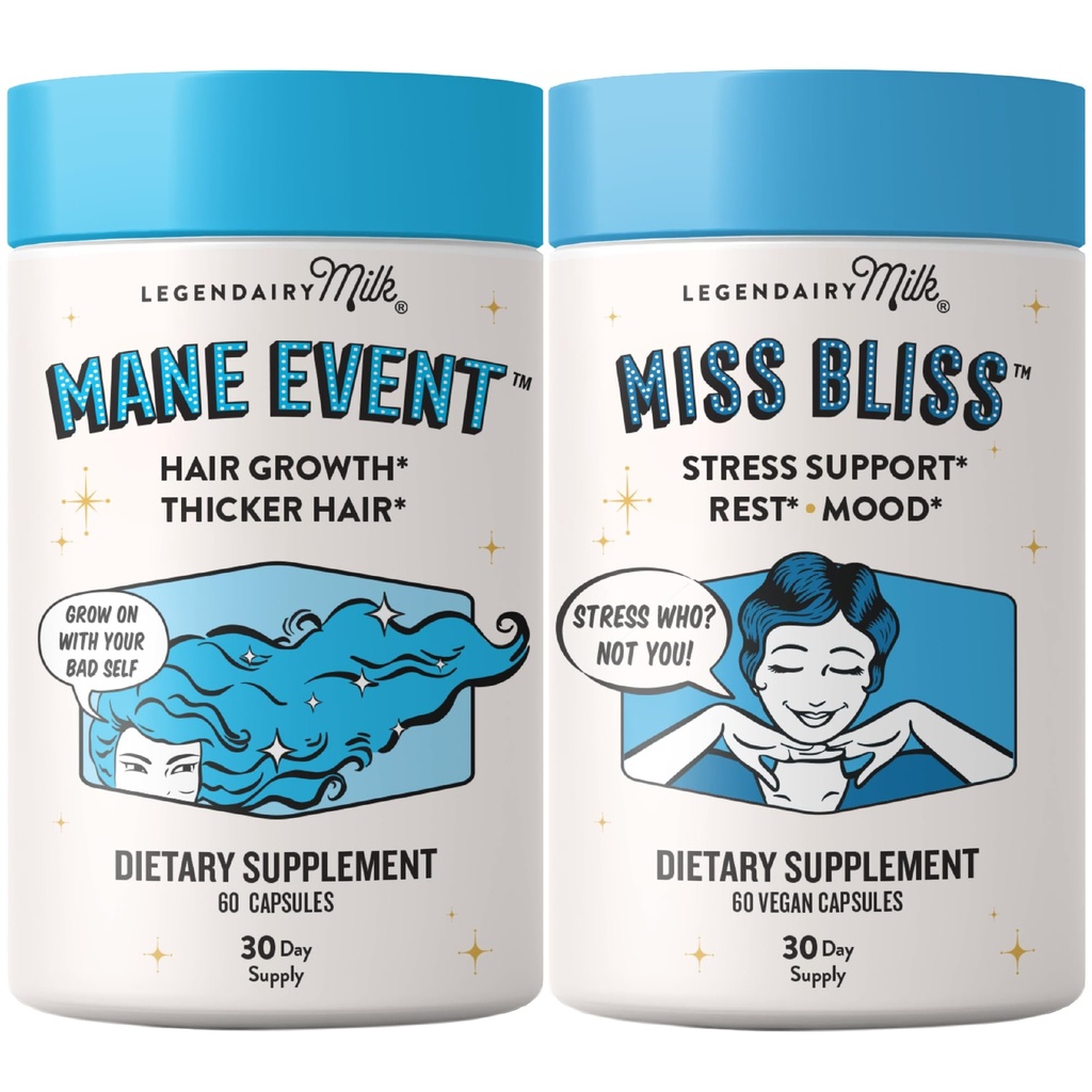 Legendairy Milk Glow & Flow Self-Care Set – Mane Event™ Hair Growth Vitamins + Miss Bliss™ Daily Stress Support – Biotin, Collagen, Saffron & Magnesium for Hair, Skin + Calm