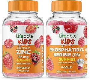 Zinc Lifeable 25mg Enfants + Phosphatidylsérine (PS) Enfants, Gommies Bundle - Grande dégustation, supplément de vitamine, sans gluten, sans OGM, gommy à croquer