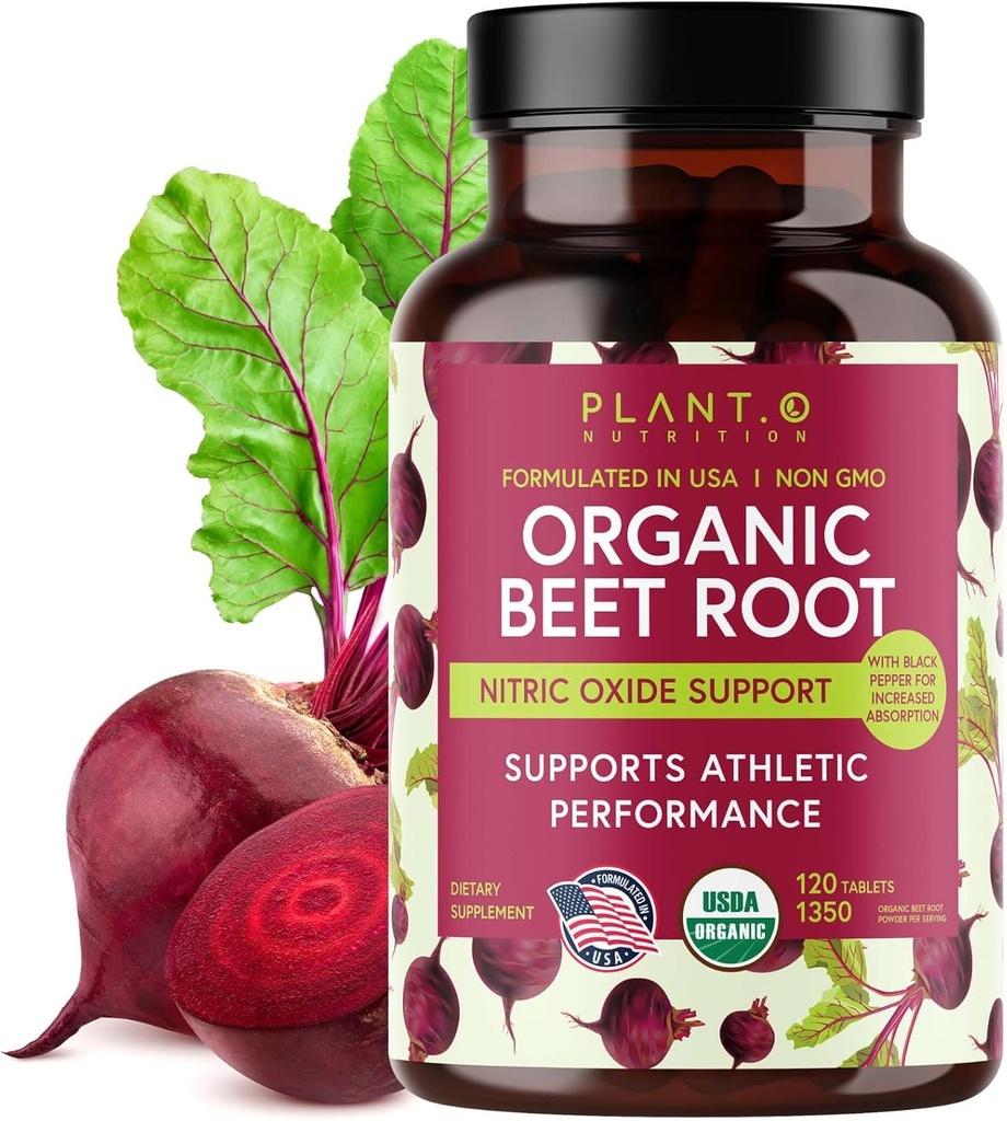 USDA Plant.O Comprimés de racine de betterave biologique Premium [1350mg de poudre de betteraves] avec poivre noir pour l'absorption supplémentaire - supplément d'oxyde nitrique
