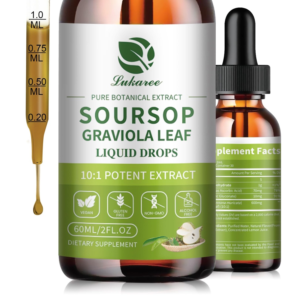 Lukaree Pure Soursop Graviola Leaf Extract for Immunity, Gut Health & Natural Energy Support – Soursop Bitters Liquid with Cold Extract – Vegan | Gluten-Free | 2 Fl Oz
