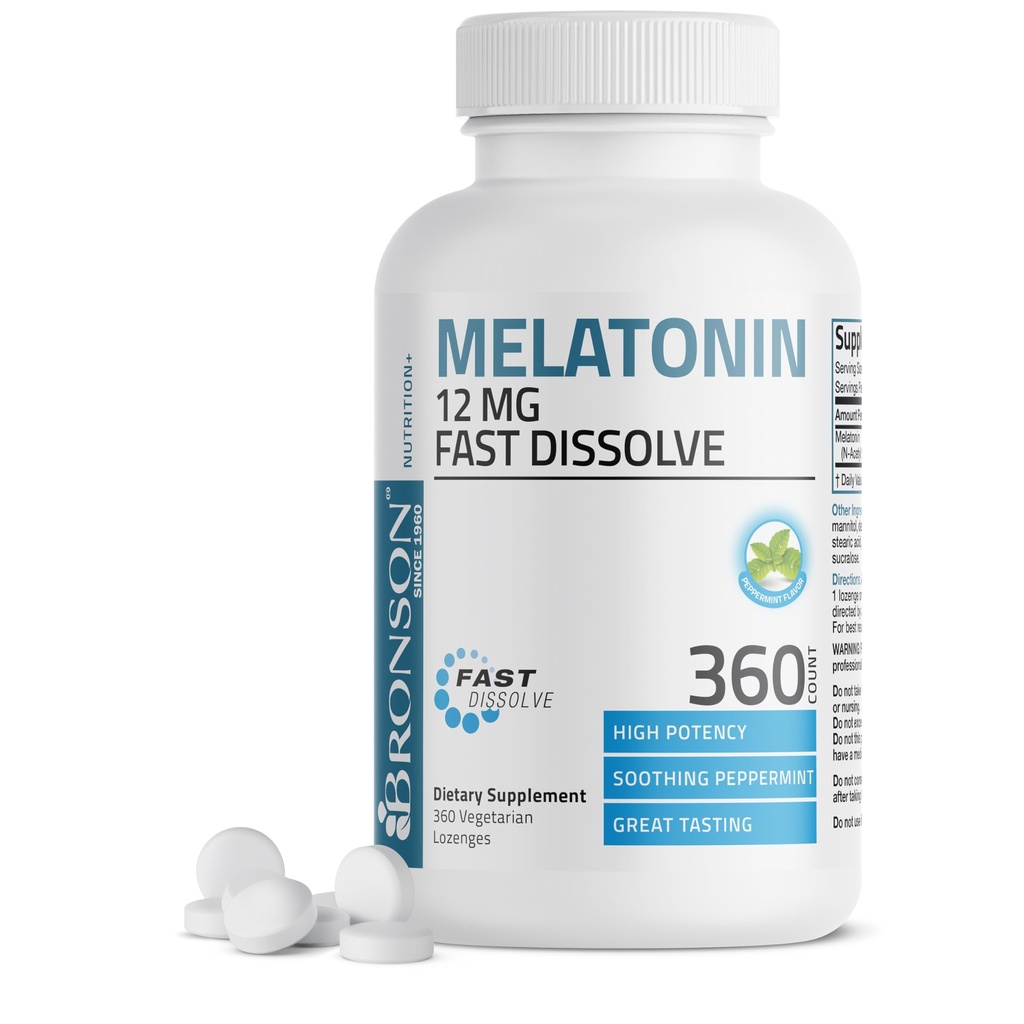 Bronson Melatonin 12mg Fast Dissolve Nighttime Sleep Aid Support & Relaxation Support, 360 Lozenges végétariennes menthe poivrée