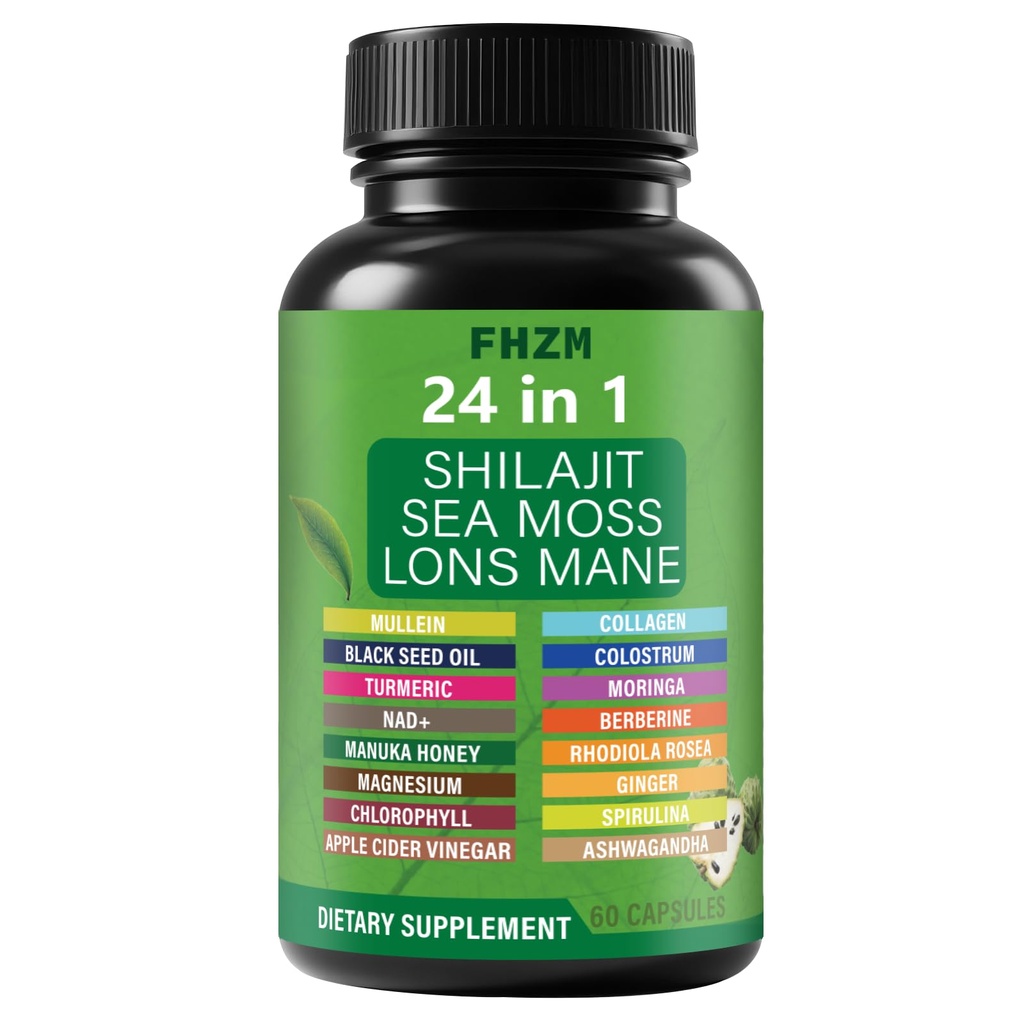 Soursop Capsules with 24-in-1 Herbal Blend - Includes Graviola, Shilajit, Sea Moss, Lions Mane, Turmeric, Ashwagandha, Ginger, Manuka Honey - Vegan, Non-GMO Dietary Supplement - 60 Capsules (01)