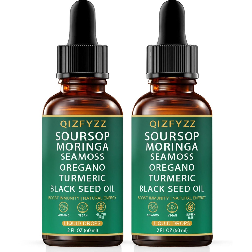 QIZFYZZ Liquid Drops - Soursop Bitters Liquid with Sea Moss, Moringa & Turmeric Extract, Immune Support and Overall Health, Vegan, Non-GMO | 2 Fl Oz