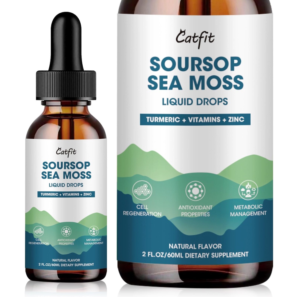 Catfit Soursop Graviola Liquid Drop – Soursop Drops for Cell Support, Antioxidant, Relaxation & Immune Boost with Sea Moss, Turmeric, Black Pepper, B6 C, Zinc, Sugar Free, Gluten Free, Vegan, 2 Fl Oz