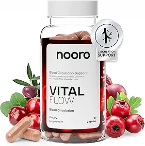 Nooro Vital Flow Supplément de circulation sanguine avancé avec boost à l'oxyde nitrique, vitamine D3, magnésium, mélange probiotique, soutien des veines sans OGM et sans gluten 60 capsules