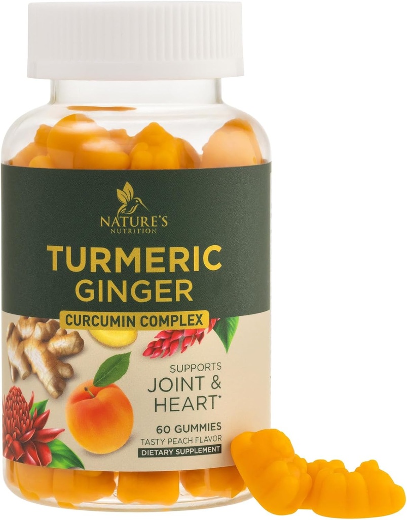 Gummies de supplément curcumin curcumin curcumin - 95% Curcuminoides avec curcuma et gingembre, poivre noir pour la meilleure absorption, soutien de joint végétalien de la nature, non-OGM, sans gluten, goût de pêche savoureux - 60 Gummies
