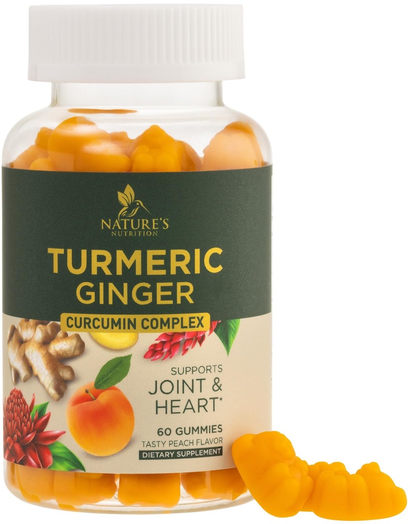 Gummies de supplément curcumin curcumin curcumin - 95% Curcuminoides avec curcuma et gingembre, poivre noir pour la meilleure absorption, soutien de joint végétalien de la nature, non-OGM, sans gluten, goût de pêche savoureux - 60 Gummies