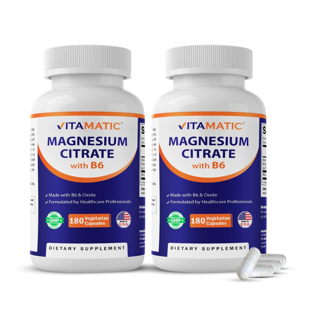 Vitamatic 2 Pack- Magnesium Citrate 500mg per Serving - 180 Vegetarian Capsules (Provides 150 mg of Elemental Magnesium) - Added B6 for Maximum Absorption - Supports Muscle, Joint, and Heart Health*