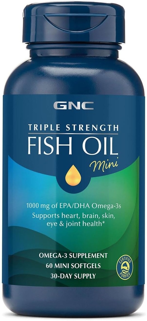 GNC Triple Strength Fish Oil Mini Omega 3 Supplément, 1000mg EPA et DHA, soutient le cœur, le cerveau, la peau, les yeux et la santé articulaire, 60 Mini Softgels