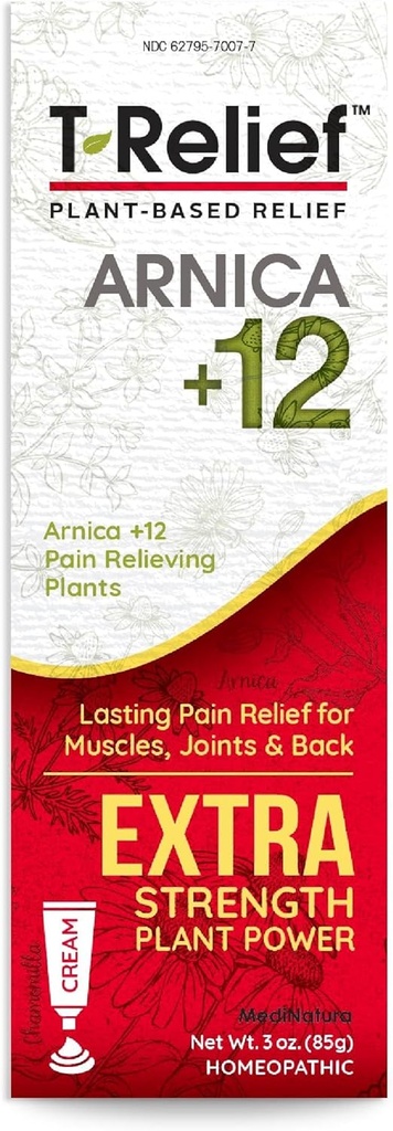 MediNatura T-Relief Extra Strength Pain Relief Cream Arnica +12 actifs naturels de soulagement à action rapide aident à réduire le dos, le cou, les articulations, les muscles, les mains et les pieds, les douleurs et la douleur - 3 oz