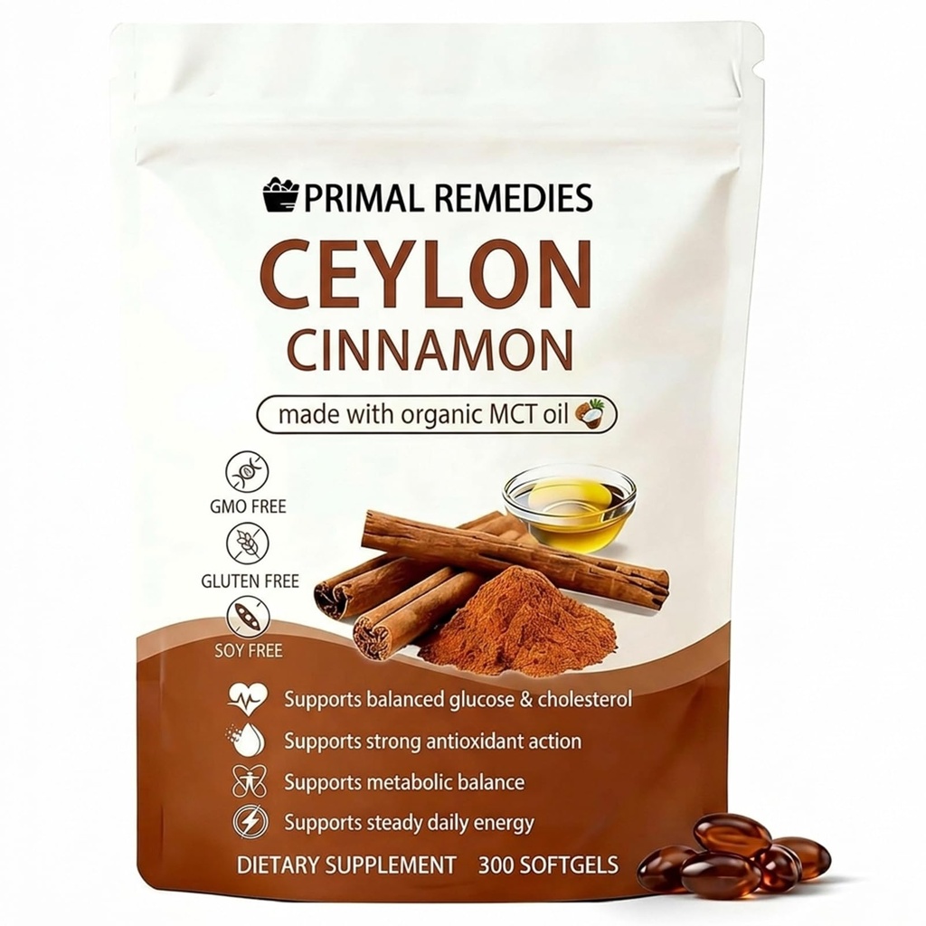 Primal Remedies Ceylon Cinnamon - Made with MCT Oil - True Cinnamon Supplement - Non-GMO Ingredients, Free from Gluten and Soy. Vegan-Friendly - 300 Capsules.