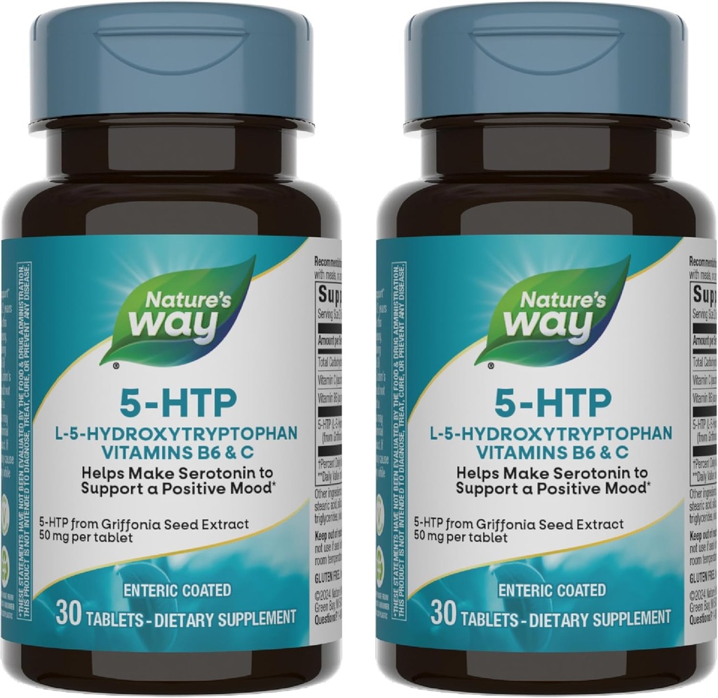 Nature's Way 5-HTP, L-5-Hydroxytryptophane, aide à faire de la sérotonine pour promouvoir une perspective positive*, vitamine B6, vitamine C, extrait de haricots Griffonia, 30 comprimés (paquetage mai vary) - 2 paquets