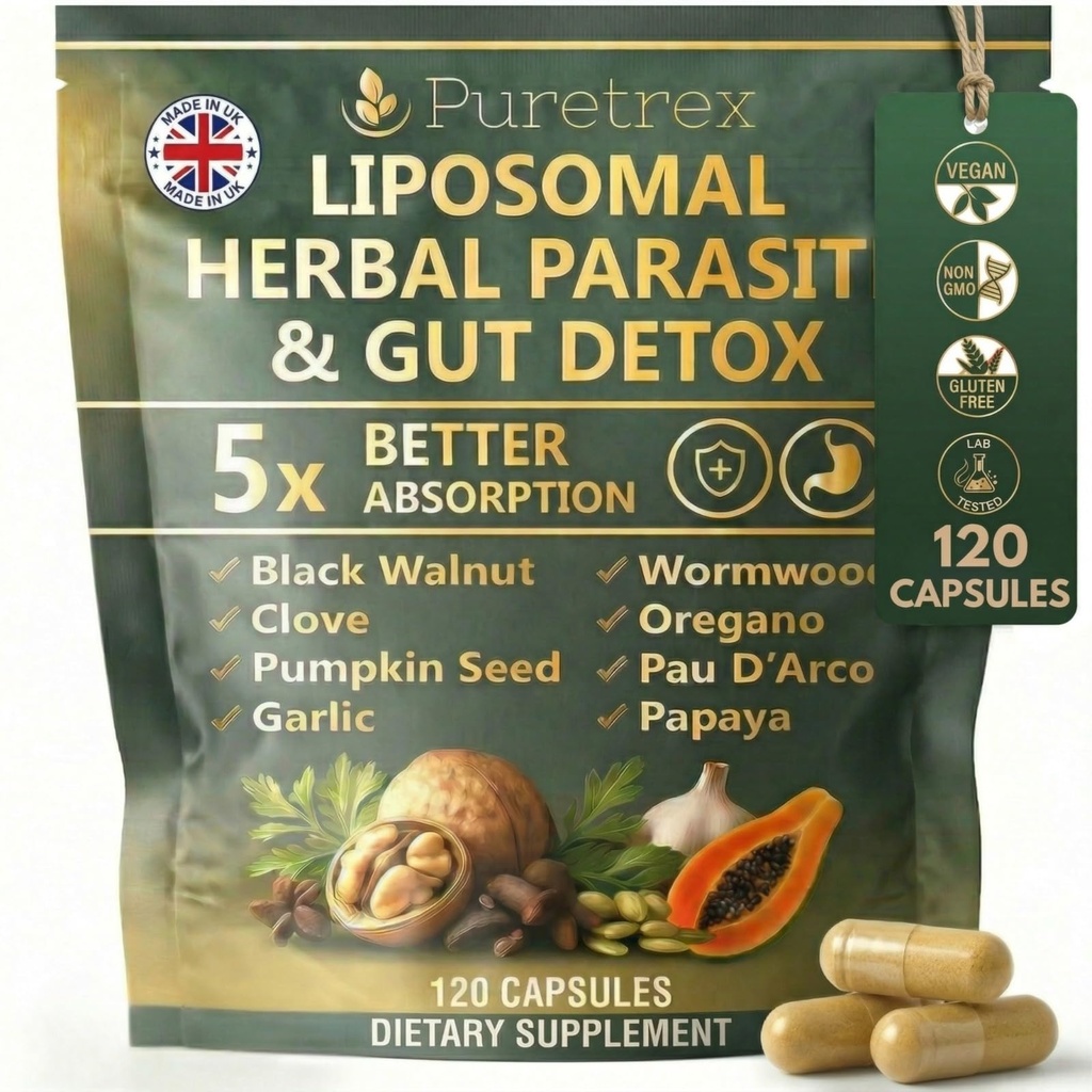 Liposomal Herbal Parasite & Gut Detox, 120 Capsules, 5X Better Absorption, with Black Walnut, Wormwood, Clove, Pumpkin Seed, Garlic, Oregano, PAU D'Arco, Papaya