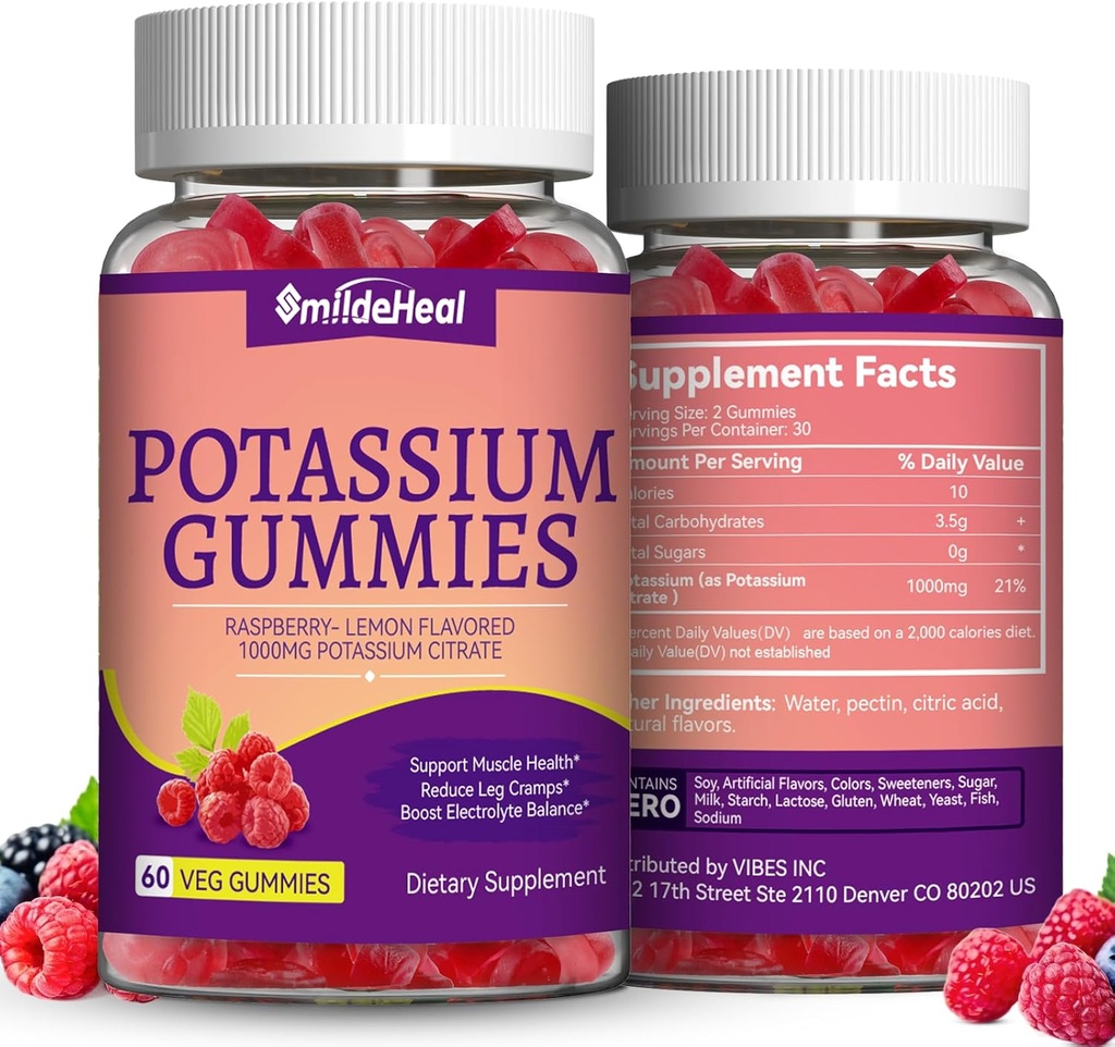 Supplément potassique de 2 paquets Gommies 1000mg, Gommies potassiques pour adultes, Crampes de soutien des jambes et santé musculaire - végétalien, non-OGM, 120 Nombre