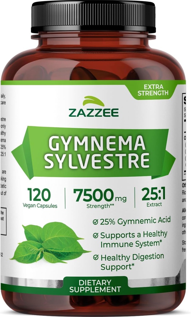 Zazzee Organic Gymnema Sylvestre 25:1 Extrait, 7500 mg Résistance, 25% Acide Gymnémique, 120 Capsules Vegan, 4 mois d'approvisionnement, extrait standardisé et concentré 25X, tout naturel et non-OGM