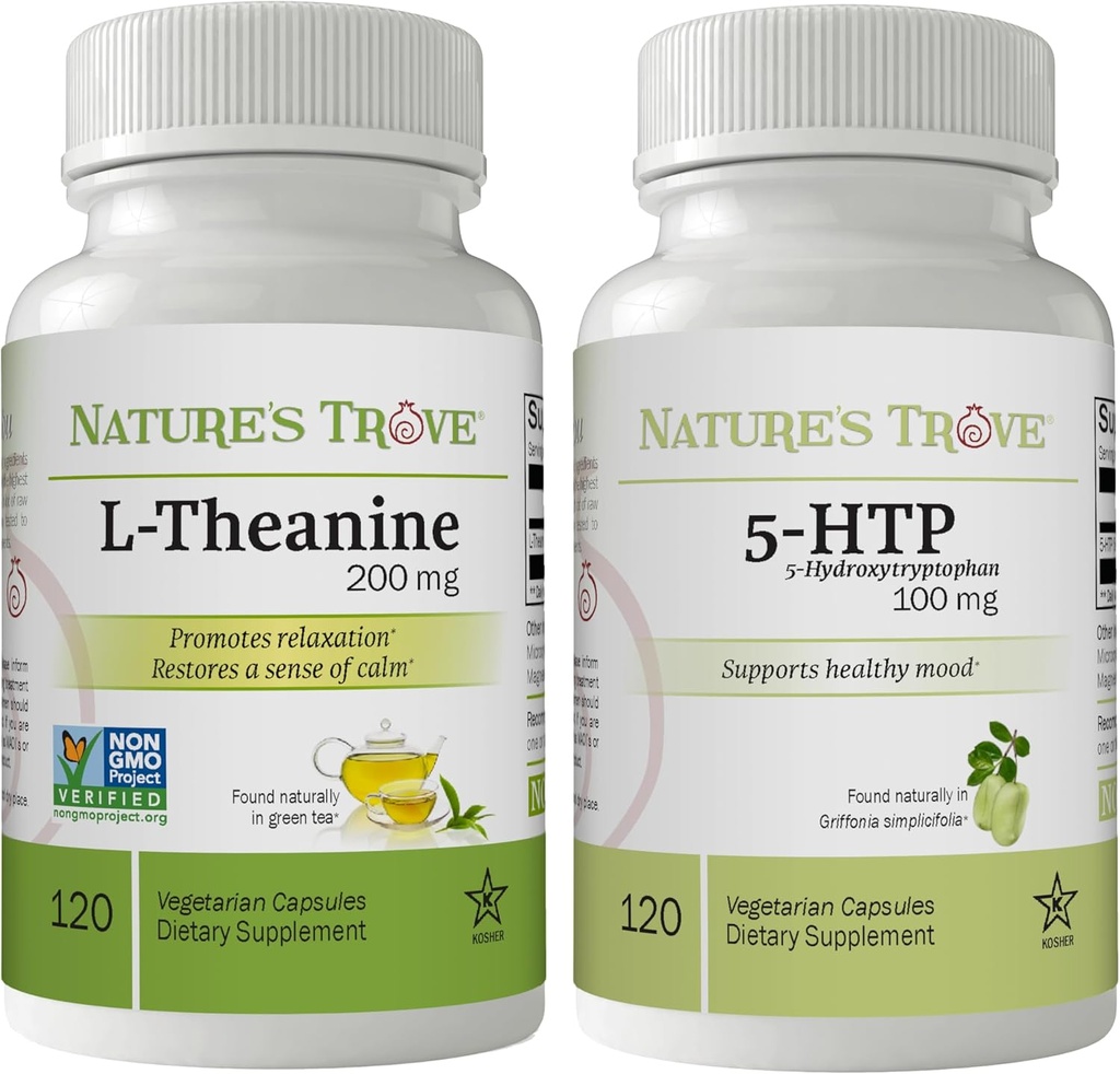 Nature's Trove L-Theanine 200mg 120 Capsules végétariennes et 5-HTP 100mg 120 Capsules végétariennes - Stack d'humeur calme et sain