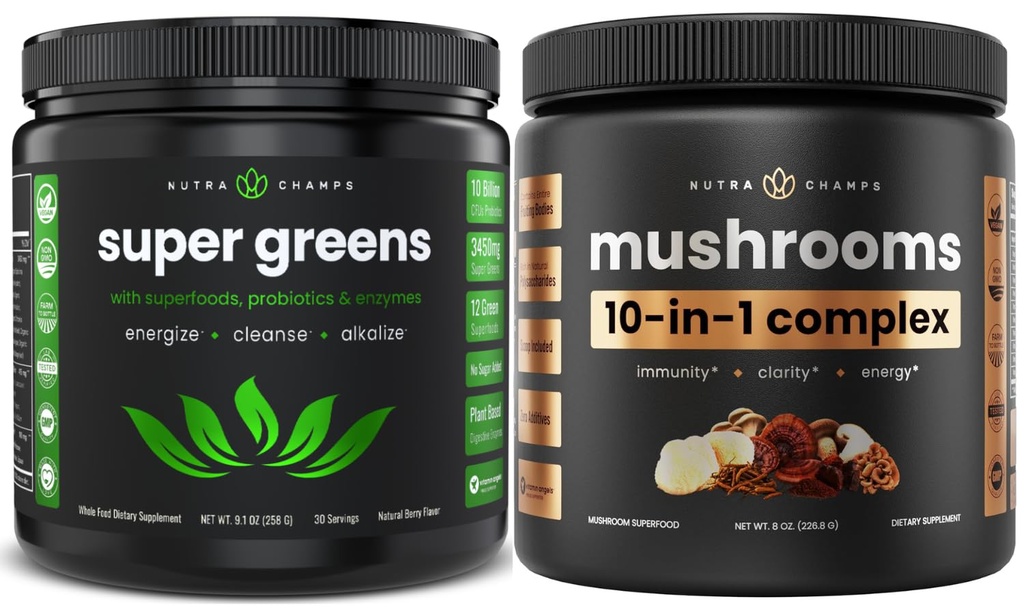 NutraChamps Super Verts & Super Champignons: Ultimate Cerveau, Gut & Body Boost