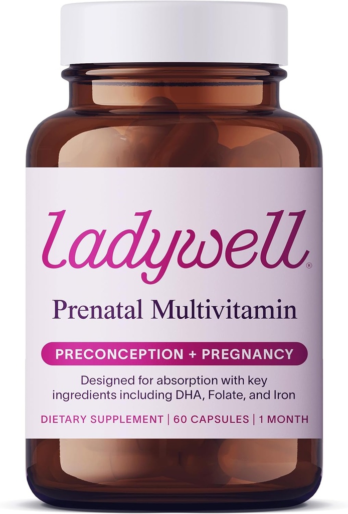 Ladywell Prénatal Multivitamine, grossesse et post-partum Ingrédients clés incluant DHA, Folate et Iron.