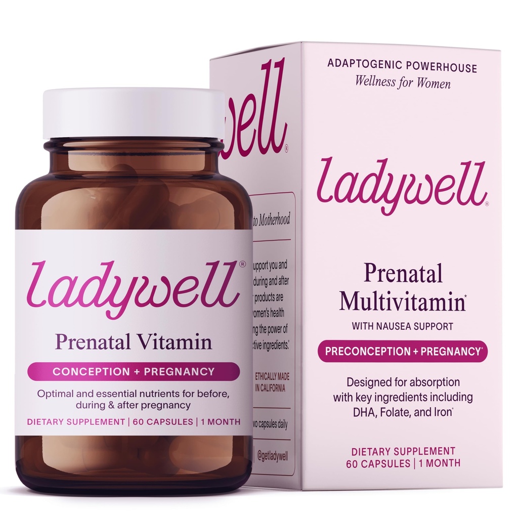 Ladywell Prénatal Multivitamine, grossesse et post-partum Ingrédients clés incluant DHA, Folate et Iron.