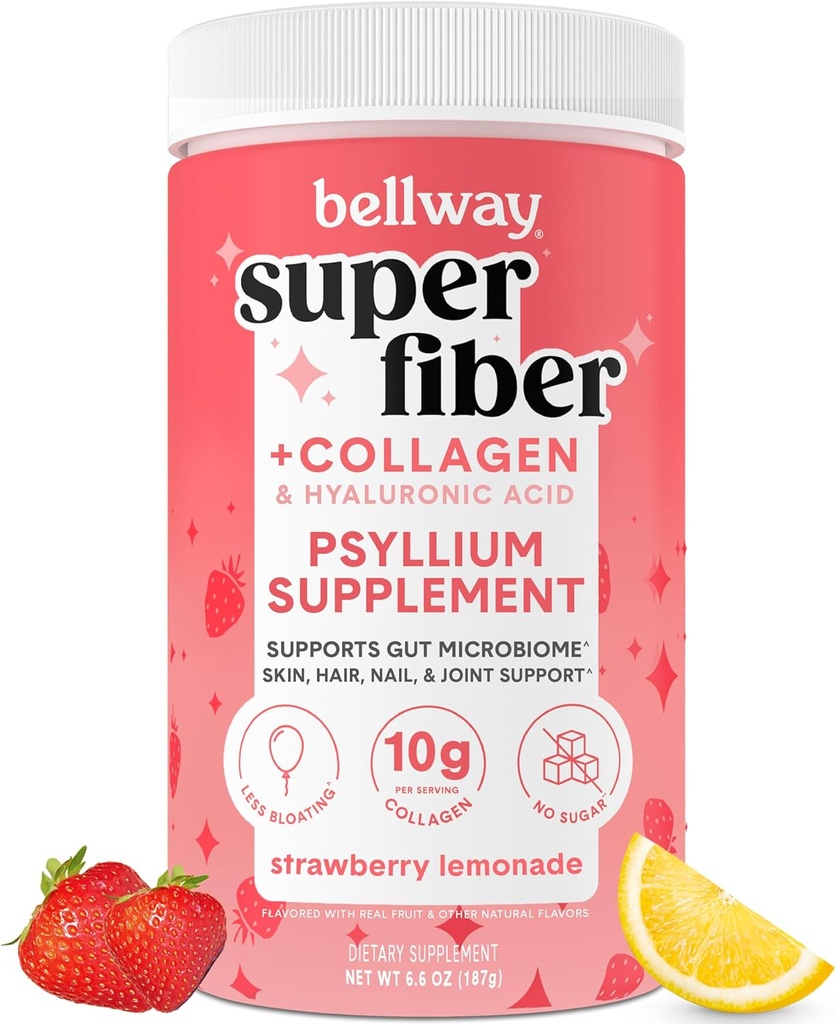 Poudre Super Fibre Bellway + Collagène, Poudre sans sucre de Psyllium Husk avec Peptides de Collagène et acide hyaluronique pour la santé de Gut, peau saine, ongles, os et articulations, citronade de fraise (11 portions)