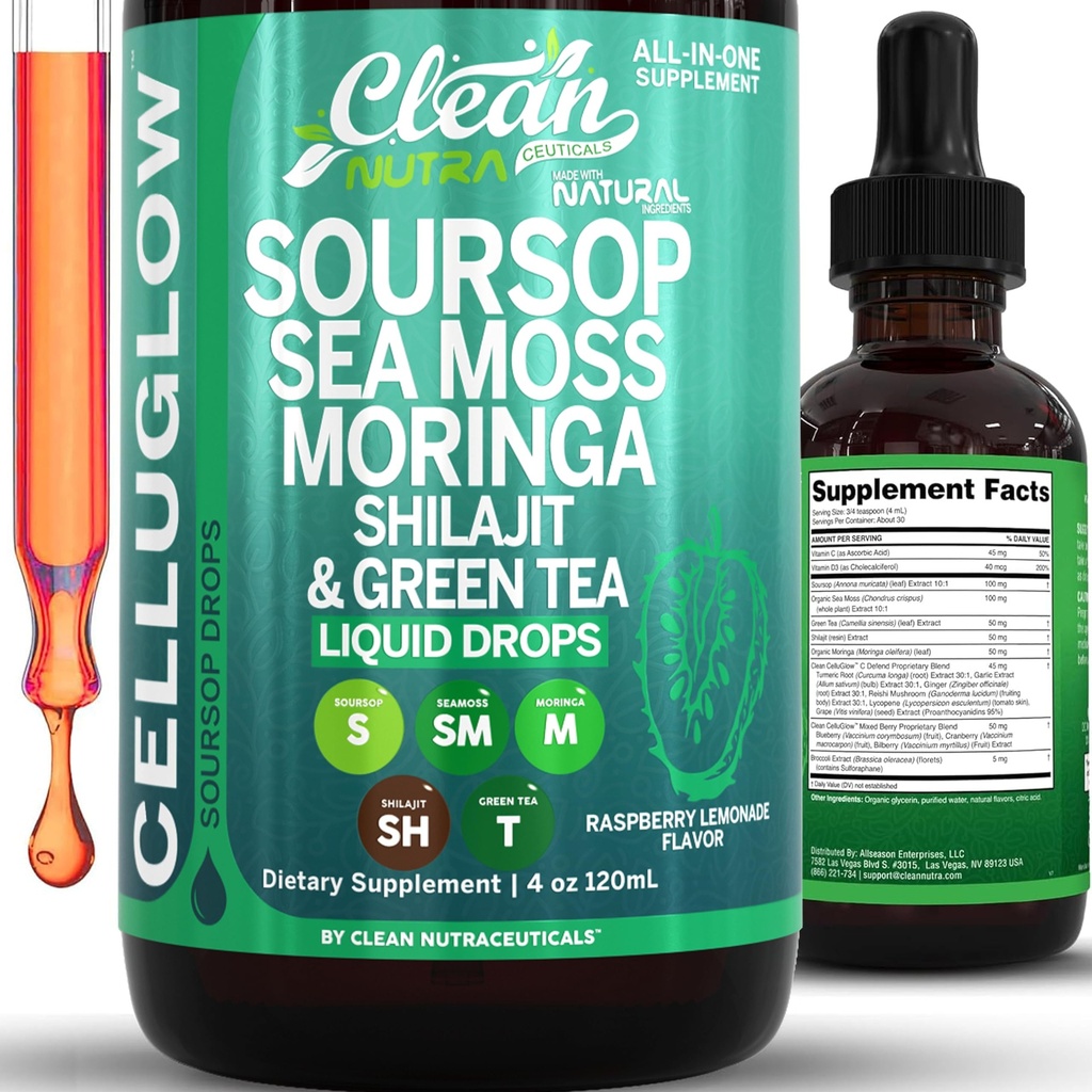 CelluGlow Soursop Bitters Liquid Drops Green Tea Extract Sea Moss Moringa Shilajit Vitamin C D3 Garlic Turmeric Ginger Reishi Mushroom Grape Seed Lycopene Immune Support Supplement by Clean Nutra 4oz