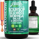 CelluGlow Soursop Bitters Liquid Drops Green Tea Extract Sea Moss Moringa Shilajit Vitamin C D3 Garlic Turmeric Ginger Reishi Mushroom Grape Seed Lycopene Immune Support Supplement by Clean Nutra 4oz
