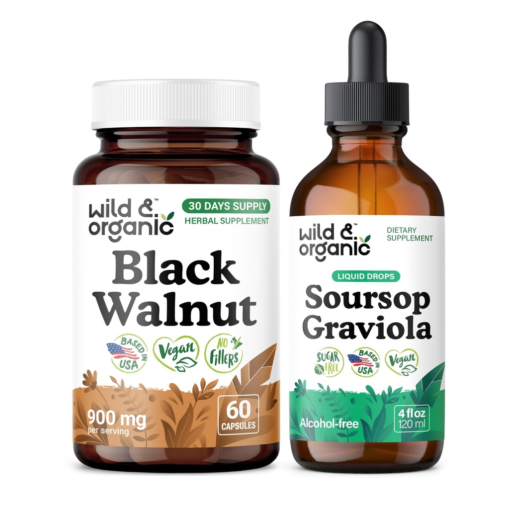Wild & Organic Black Walnut 60 Capsules & Soursop Graviola Tincture 4 fl oz