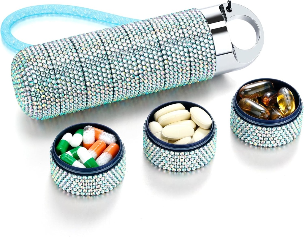 Zannaki Metal Bling Pill Organizer, Travel Waterproof Weekly Pill Box, Portable Large Aluminium Pill Case Container, BPA Free 7 Day Daily Medicine Organizer Holder pour la vitamine, huile de poisson, supplément