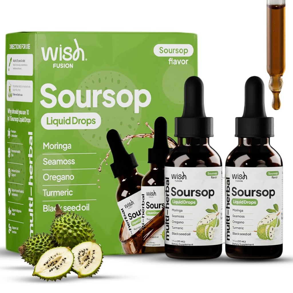 Soursop Bitters Liquid Organic 10 in 1 Soursop Moringa Oregano Turmeric Black Seed Oil Drops Seamoss Ashwagandha Chlorophyll 2 Pack Soursop Liquid Drops Immune Support Detox Supplement