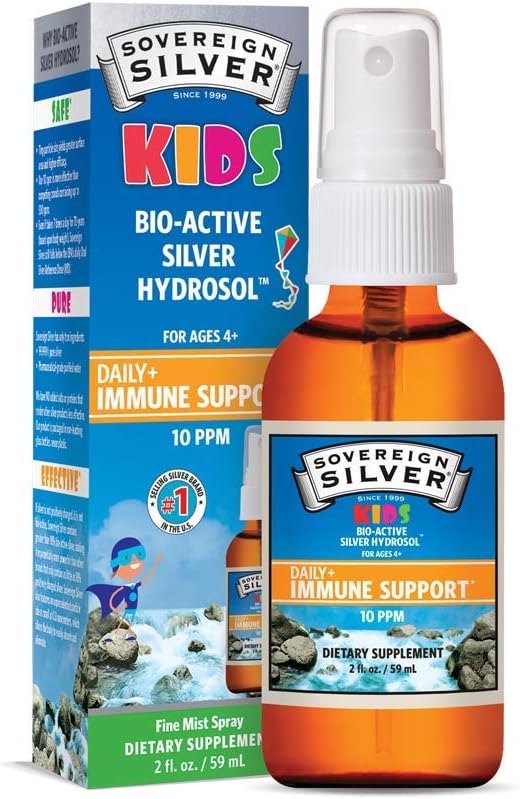 Support immune souverain en argent pour enfants, argent colloïdal, hydrosol en argent bio-actif,10 ppm, pulvérisateur fin, 2 Fl Oz